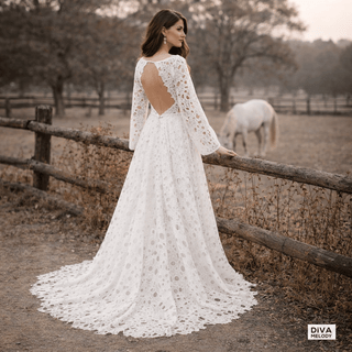 Puff Sleeves Boho Lace Wedding Dress - Diva Melody