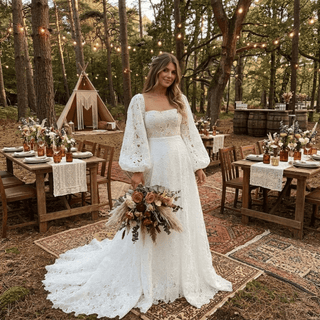 Puff Sleeves Boho Lace Wedding Dress - Diva Melody