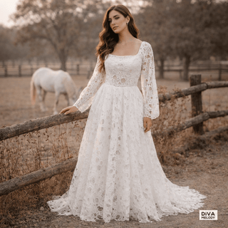 Puff Sleeves Boho Lace Wedding Dress - Diva Melody