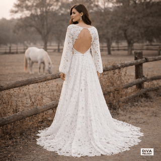 Puff Sleeves Boho Lace Wedding Dress - Diva Melody