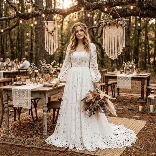 Puff Sleeves Boho Lace Wedding Dress - Diva Melody
