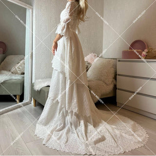 Quarter Sleeves Tiered Lace Bridal Gown - Diva Melody