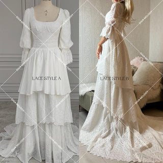 Quarter Sleeves Tiered Lace Bridal Gown - Diva Melody