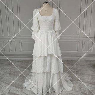 Quarter Sleeves Tiered Lace Bridal Gown - Diva Melody