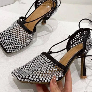 Rhinestone Mesh Lace - Up Heels - Diva Melody
