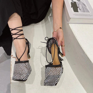 Rhinestone Mesh Lace - Up Heels - Diva Melody