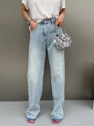 Rhinestone Straight Jeans Pants - Diva Melody