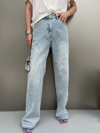 Rhinestone Straight Jeans Pants - Diva Melody