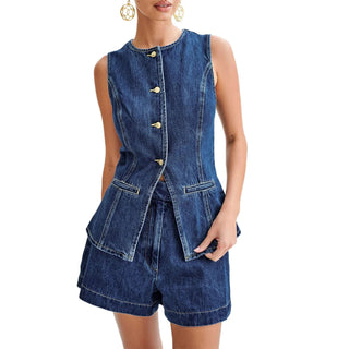 Round Neck Sleeveless Denim Tops - Diva Melody