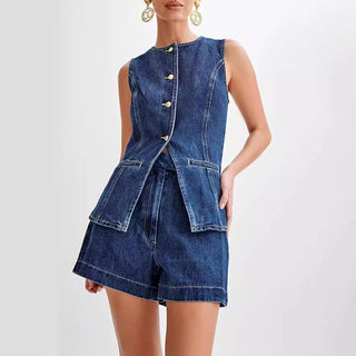 Round Neck Sleeveless Denim Tops - Diva Melody