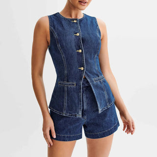 Round Neck Sleeveless Denim Tops - Diva Melody
