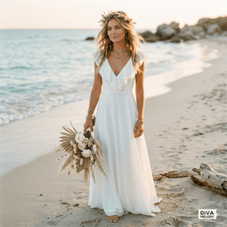 Ruffle Chiffon Beach Wedding Dress - Diva Melody