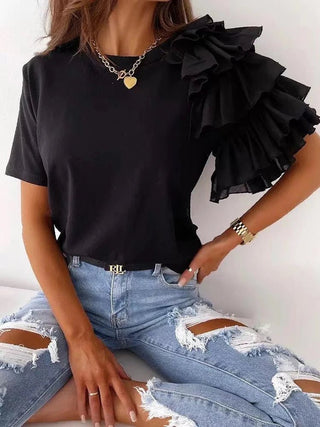 Ruffles Short Sleeve Casual Simple T-shirts - Diva Melody