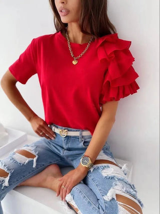 Ruffles Short Sleeve Casual Simple T-shirts - Diva Melody