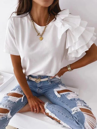 Ruffles Short Sleeve Casual Simple T-shirts - Diva Melody