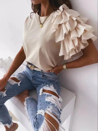 Ruffles Short Sleeve Casual Simple T-shirts - Diva Melody