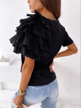 Ruffles Short Sleeve Casual Simple T-shirts - Diva Melody