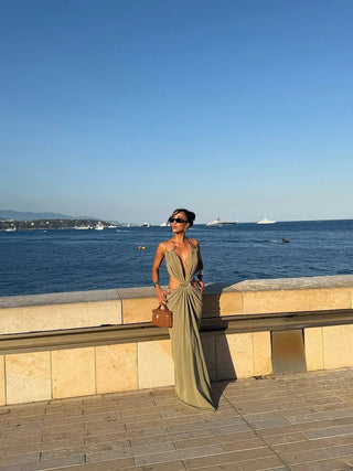 Sage Green Cutout Backless Maxi Dress - Diva Melody