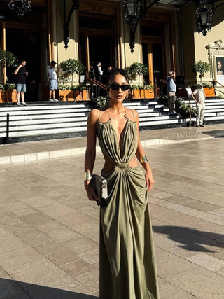 Sage Green Cutout Backless Maxi Dress - Diva Melody