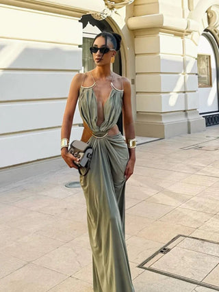 Sage Green Cutout Backless Maxi Dress - Diva Melody