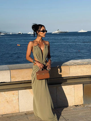 Sage Green Cutout Backless Maxi Dress - Diva Melody