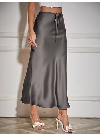 Satin Elegant String Belted Long Skirt - Diva Melody