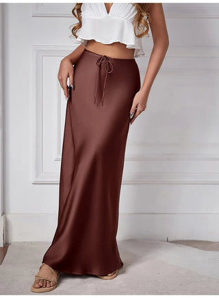 Satin Elegant String Belted Long Skirt - Diva Melody