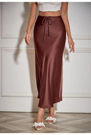 Satin Elegant String Belted Long Skirt - Diva Melody