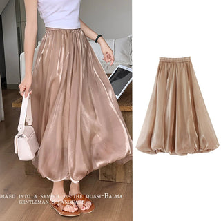 Satin High Waist A - line Drape Skirt Fashion Elegant Solid Color Zipper Simple French Tutu Skirts - Diva Melody