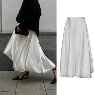 Satin High Waist A - line Drape Skirt Fashion Elegant Solid Color Zipper Simple French Tutu Skirts - Diva Melody