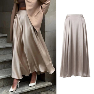 Satin High Waist A - line Drape Skirt Fashion Elegant Solid Color Zipper Simple French Tutu Skirts - Diva Melody