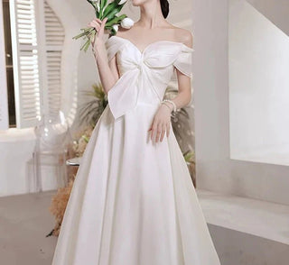 Satin Off the Shoulder A - line Wedding Gown - Diva Melody