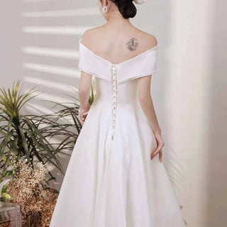 Satin Off the Shoulder A - line Wedding Gown - Diva Melody