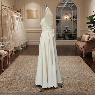 Satin Plunging V-Neck High Slit Wedding Dress - Diva Melody