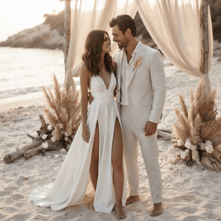 Satin Plunging V-Neck High Slit Wedding Dress - Diva Melody