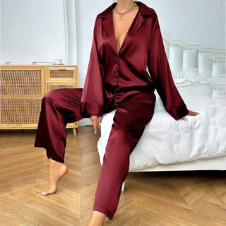 Satin Silk Sleepwear Pajamas Wide Leg Pants Trouser Set - Diva Melody