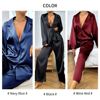 Satin Silk Sleepwear Pajamas Wide Leg Pants Trouser Set - Diva Melody