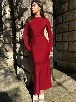 Satin Slim Long Sleeve High Waist Solid Party Dress - Diva Melody