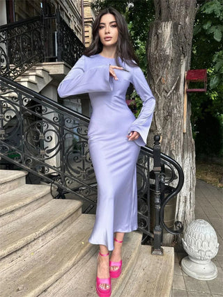 Satin Slim Long Sleeve High Waist Solid Party Dress - Diva Melody