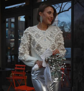 Sequin Knitted 3d Ball White Cardigan Pullover - Diva Melody