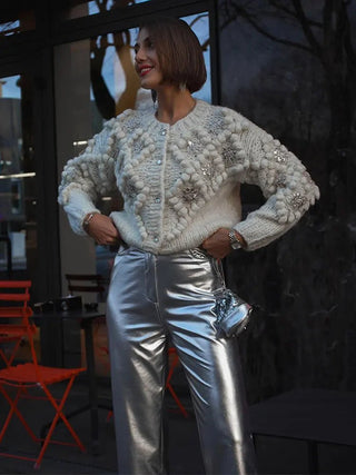 Sequin Knitted 3d Ball White Cardigan Pullover - Diva Melody