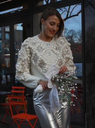 Sequin Knitted 3d Ball White Cardigan Pullover - Diva Melody