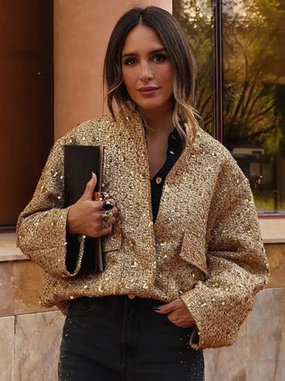 Sequined Bomber Pocket Stretch Jacket Outerwear - Diva Melody