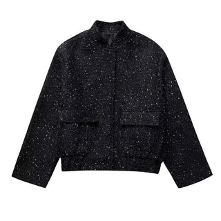 Sequined Bomber Pocket Stretch Jacket Outerwear - Diva Melody