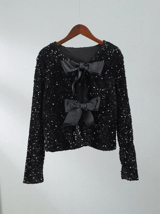 Sequins Bowknot Lace Up Cropped Glitter Cardigan - Diva Melody