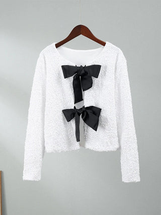 Sequins Bowknot Lace Up Cropped Glitter Cardigan - Diva Melody