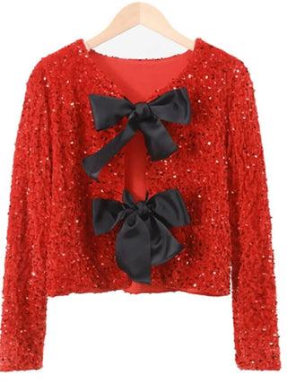 Sequins Bowknot Lace Up Cropped Glitter Cardigan - Diva Melody