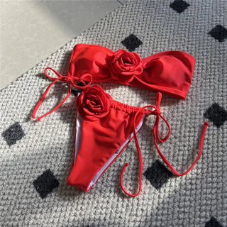 Sexy 3D Flower Swimwear Bandeau Micro Thong Bikini - Diva Melody