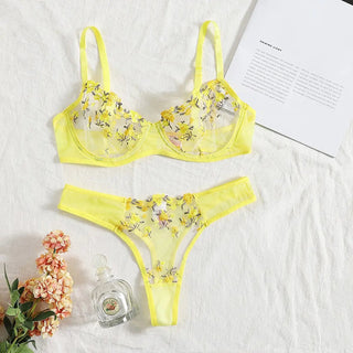 Sexy Bra Panties Set Lingerie Yellow Embroidery Lace Women's Underwear Lingerie - Diva Melody