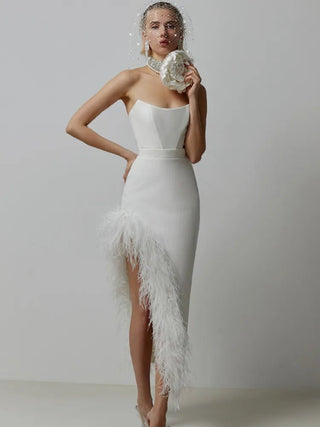 Strapless Feather Evening Bodycon Dress - Diva Melody Pink / XS Strapless Feather Evening Bodycon Dress - Diva Melody Pink / XS